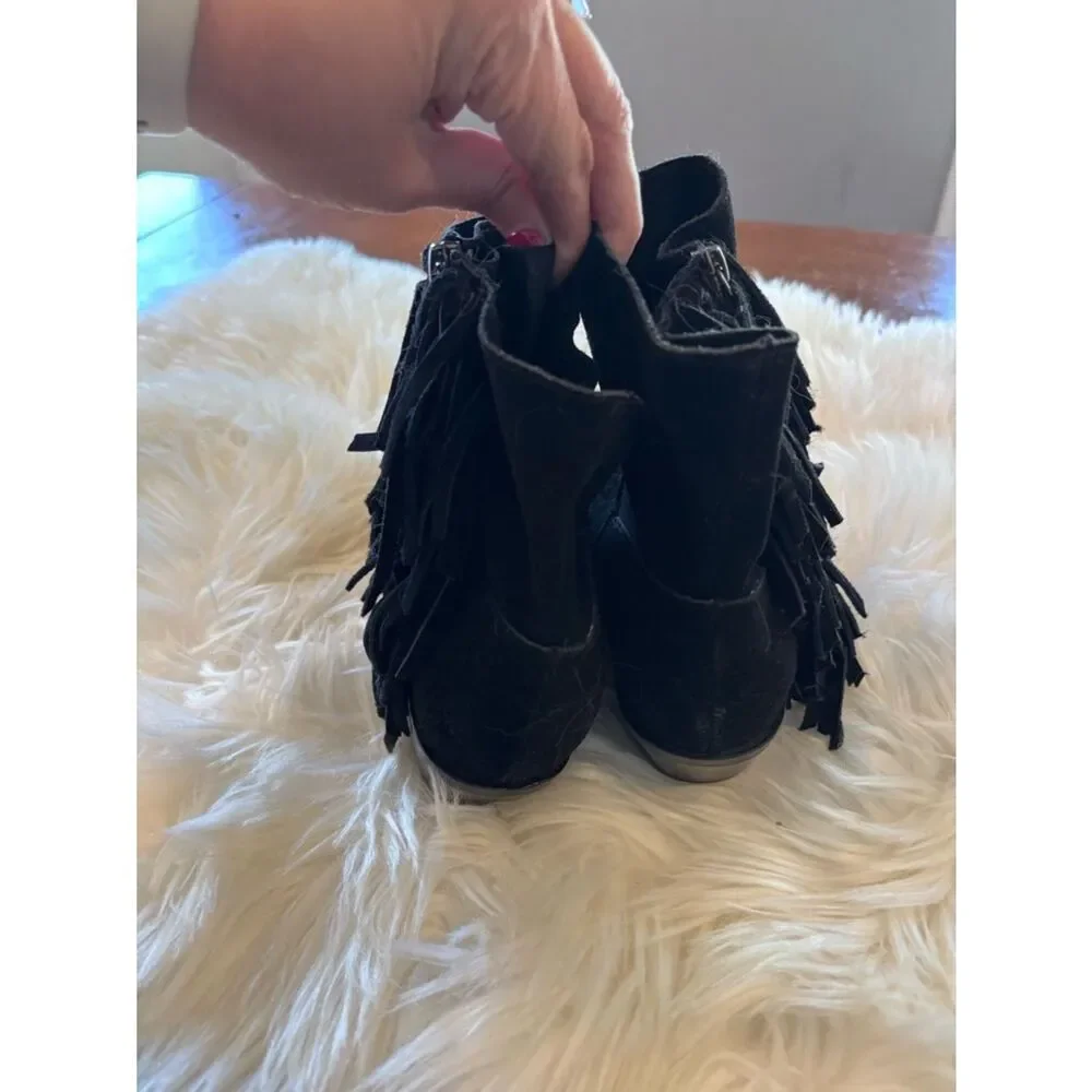 Cynthia Vincent Black Suede Fringe Ankle Boots